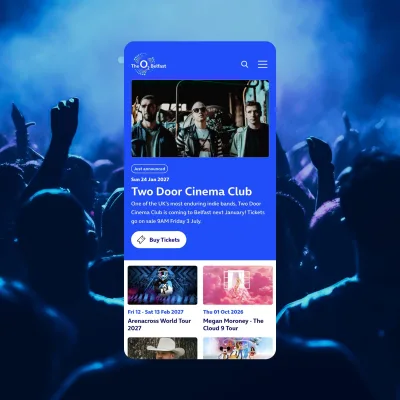 Mobile O2 Belfast website showing event listings and ticket booking against a concert crowd.