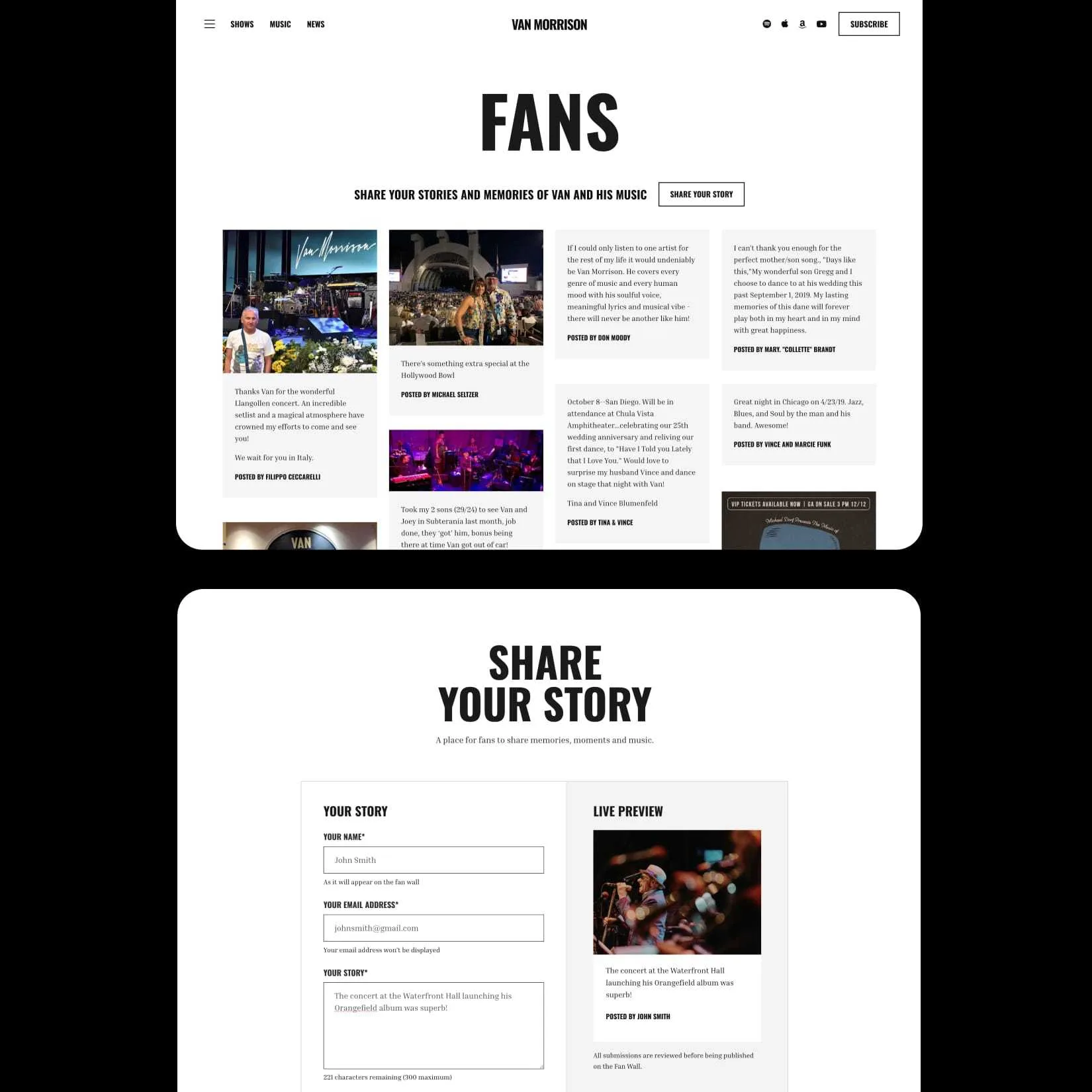 Van Morrison fans page featuring fan stories, photos and a form to share your own story.