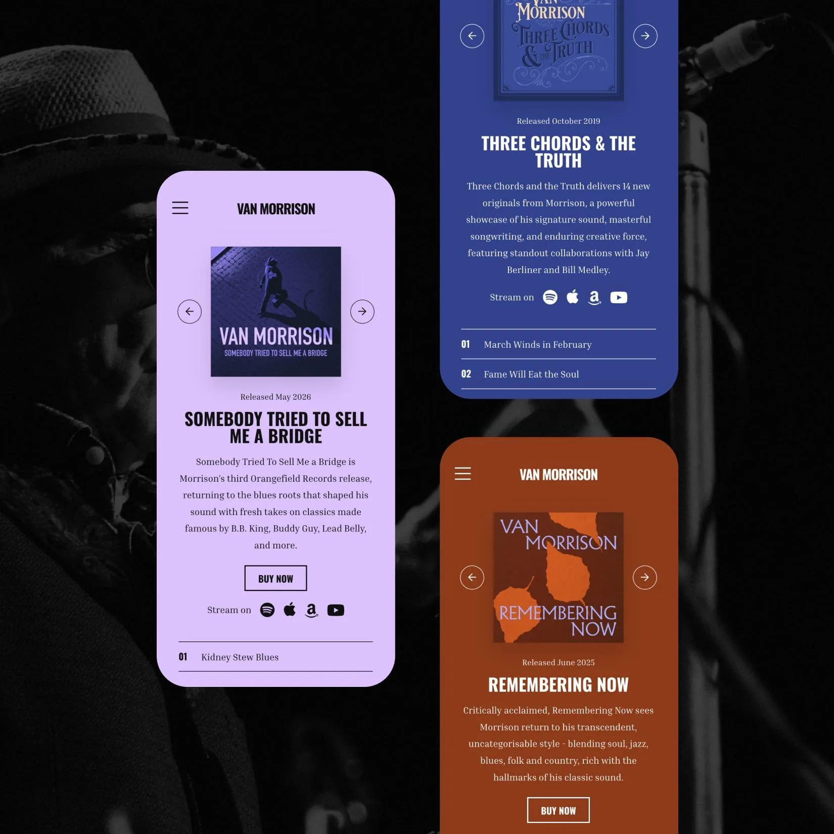 Van Morrison mobile music pages featuring album artwork, release details and streaming links.