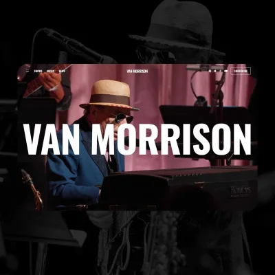 Van Morrison website homepage featuring a large performance image and bold artist branding.