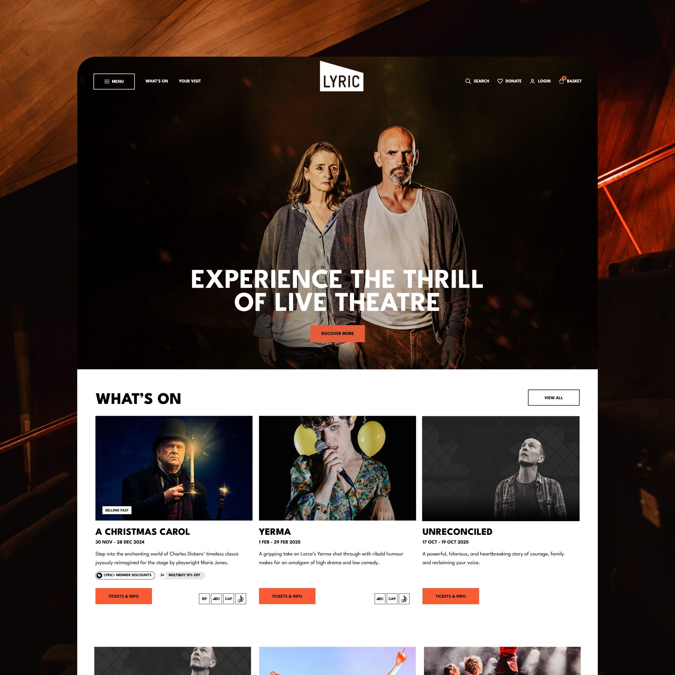 Lyric Theatre homepage showing two actors onstage with the headline ‘Experience the thrill of live theatre’ and show listings below.