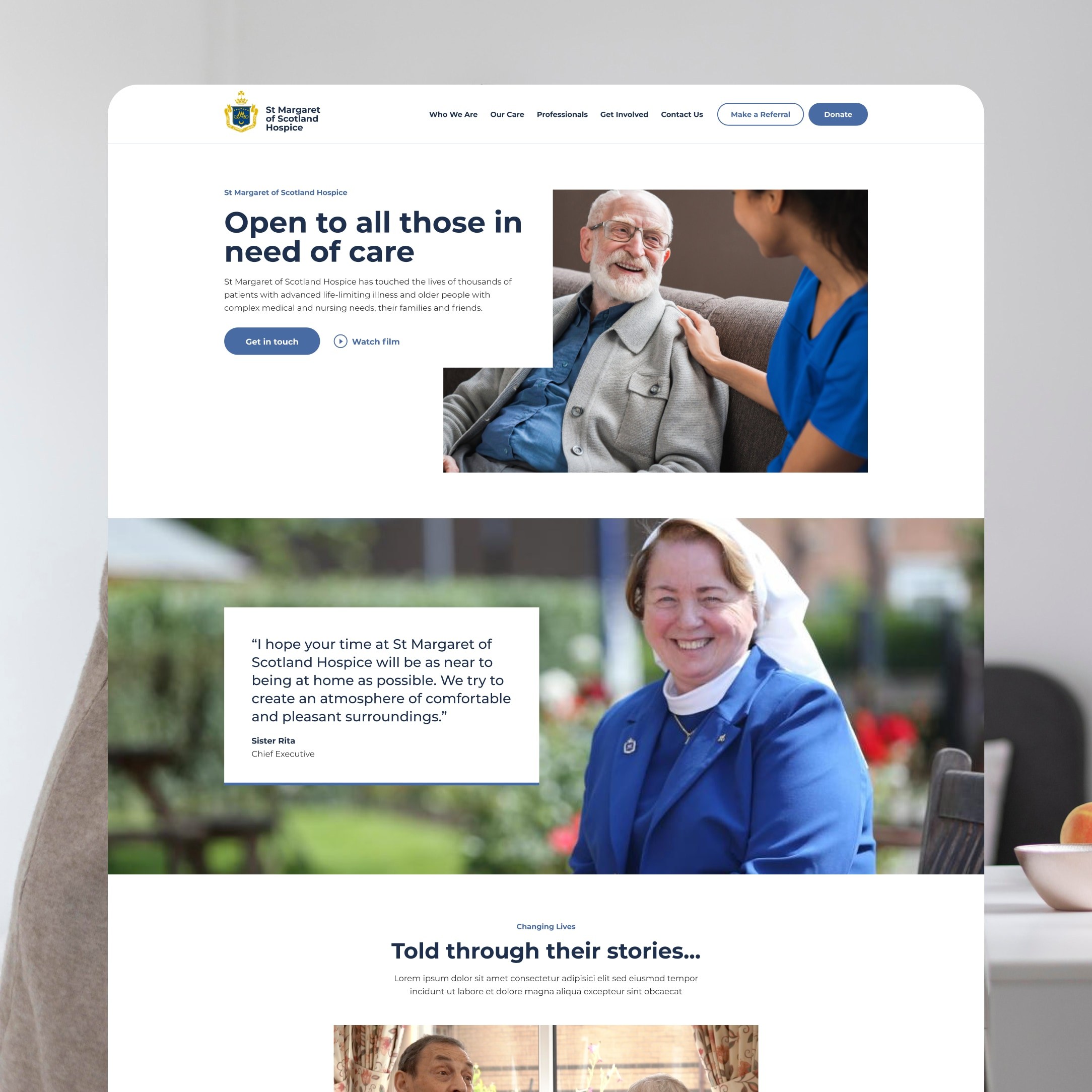 St Margaret’s Hospice website mockup showing warm caregiver–patient imagery, with clear top navigation for services, stories, and donations.
