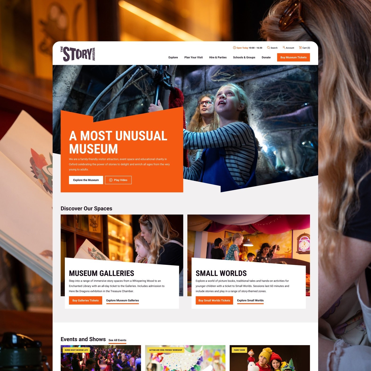 Story Museum webpage with kids in immersive exhibits, top navigation, featured galleries and and event highlights.