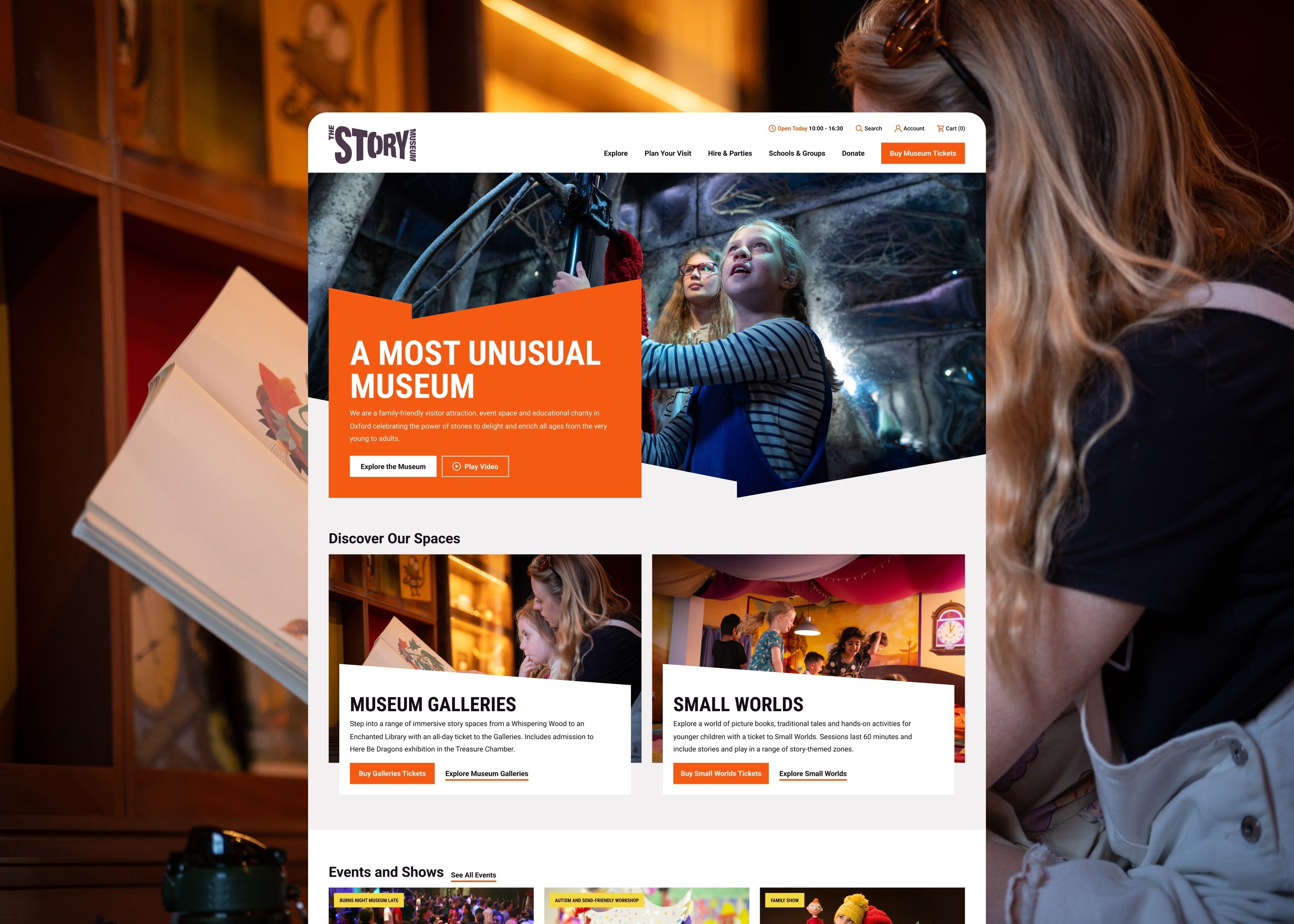 Story Museum webpage with kids in immersive exhibits, top navigation, featured galleries and and event highlights.