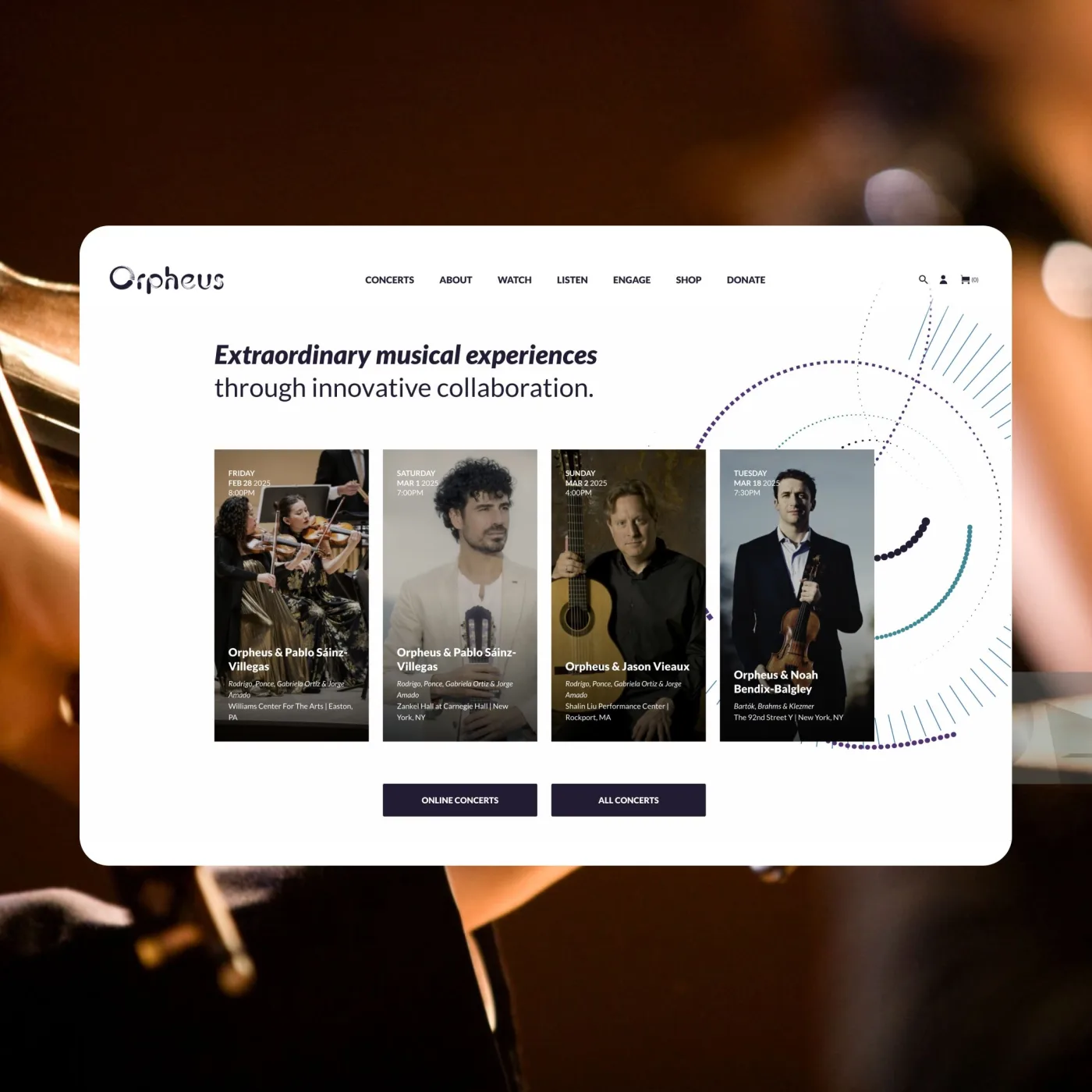 Orpheus orchestra homepage featuring a clean white layout with concert cards, musical graphics, and a blurred close-up of a musician in the background.